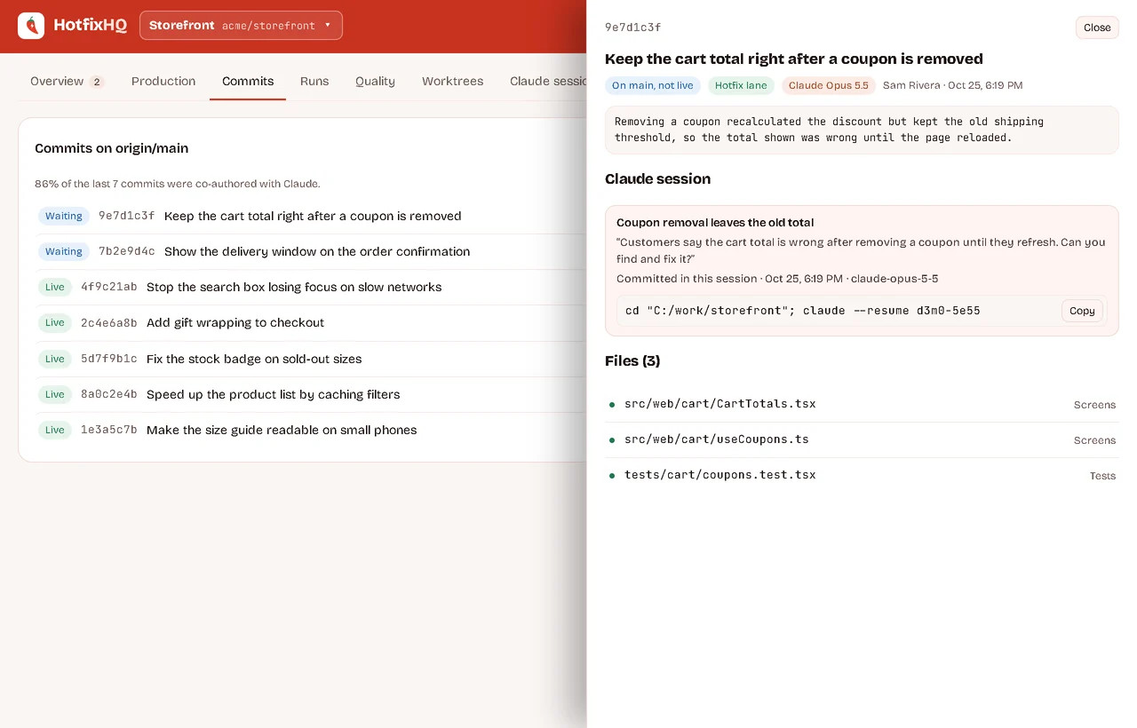 A commit waiting to ship, with the files it changes, which lane they allow, and the Claude Code session that wrote it